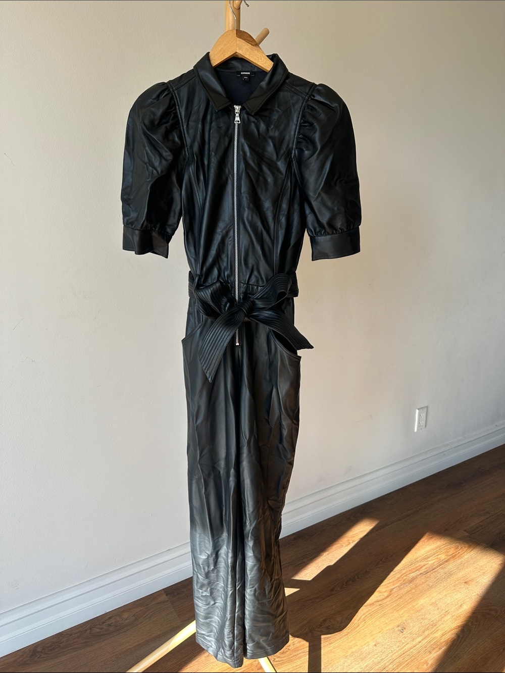 Express Black Faux Leather Zip-Front Jumpsuit with Waist Tie